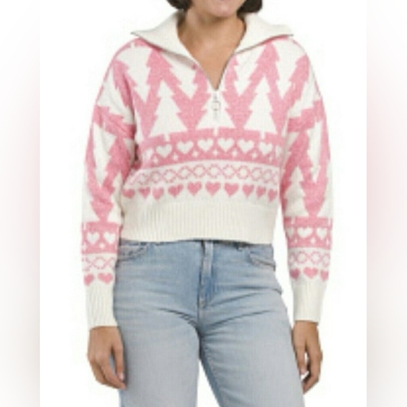 Jessica Simpson Winter Fuzzy Pink Christmas Tree Heart Cropped Half Zip Sweater - Picture 3 of 11